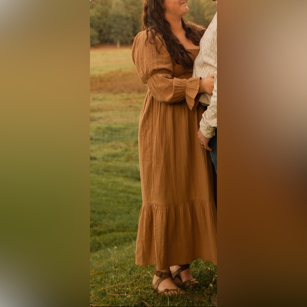 Quince Tan Puff-Sleeve Tiered Maxi Dress 100% Cotton